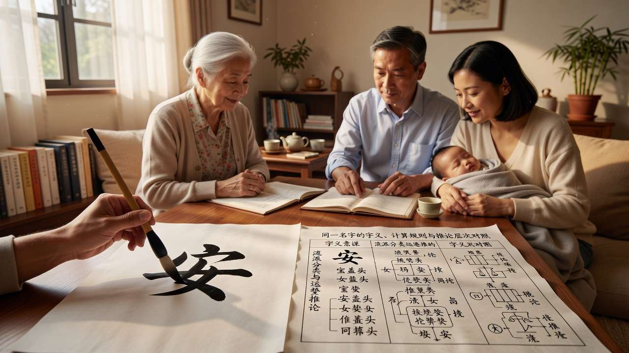 同一名字的字義、計算規則與推論層次對照 姓名學是什麼:以安字示範字義寓意、流派分類與運勢推論三個層次的對照圖